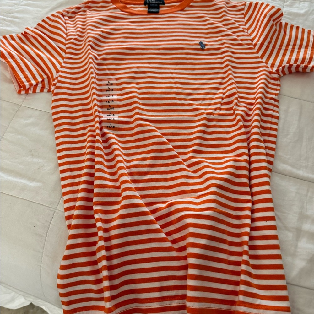 Ralph Lauren, short sleeve T-shirt, orange and white stripe size 14/16 boys nwt